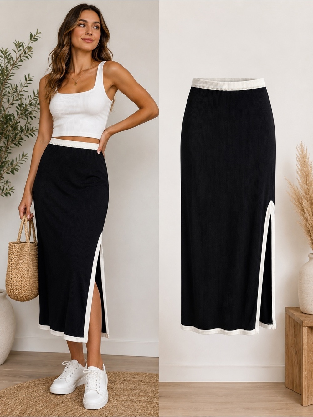 Georgie | Black & White Ribbed Side Slit Midi Skirt | Small | Stretch Knit